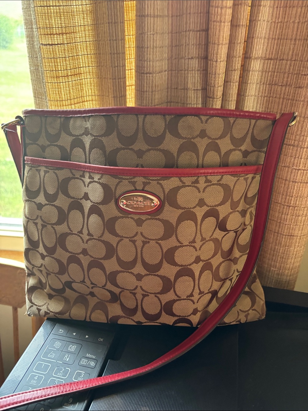 Coach Khaki Signature Crossbody with Red Trim